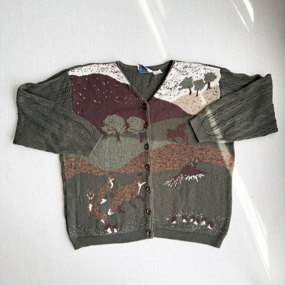 vtg Northern Treasures green fox duck horse‎ mushroom cardigan sweater XL